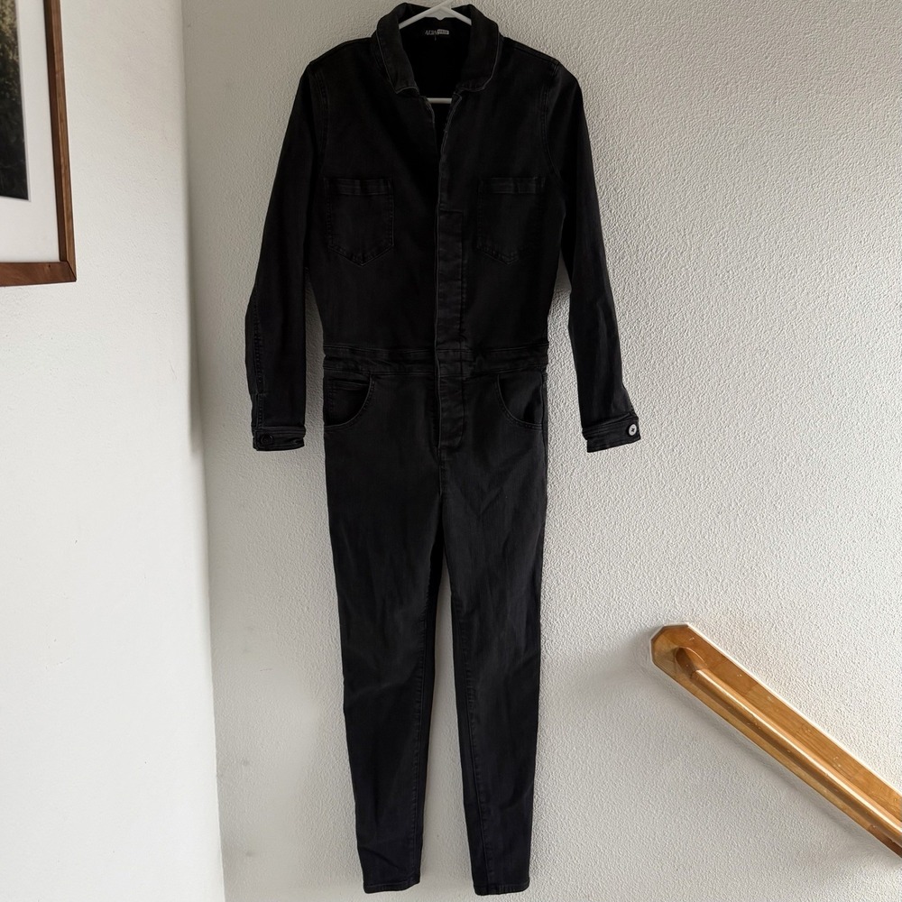 AFRM "Aries" Black Denim Collared Button-Front Jumpsuit Long Sleeve Womens S